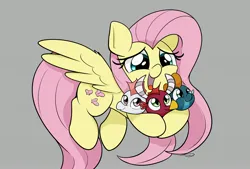 Size: 3496x2362 | Tagged: safe, artist:taurson, derpibooru import, fluttershy, dragon, pegasus, pony, sweet and smoky, baby, baby dragon, cute, female, gray background, high res, holding a dragon, hug, image, jpeg, mare, open mouth, open smile, scene interpretation, shyabetes, simple background, smiling