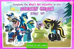 Size: 1960x1293 | Tagged: safe, derpibooru import, idw, official, admiral fairy flight, general flash, midnight strike, star hunter, tight ship, unnamed character, unnamed pony, earth pony, pegasus, pony, advertisement, aviator goggles, clothes, collection, english, facial hair, female, flight suit, folded wings, gameloft, glasses, goggles, group, hat, headphones, idw showified, image, jpeg, male, mare, mobile game, moustache, my little pony: magic princess, shirt, spread wings, stallion, text, wings