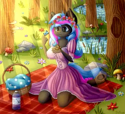 Size: 1280x1169 | Tagged: safe, artist:detka, derpibooru import, oc, oc:obabscribbler, oc:scribbler, unofficial characters only, anthro, butterfly, earth pony, insect, unguligrade anthro, basket, breasts, clothes, dress, earth pony oc, floral head wreath, flower, grass, image, jpeg, mushroom, picnic basket, picnic blanket, pond, rock, solo, tree, water, water bottle