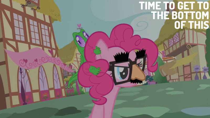 Size: 2000x1125 | Tagged: safe, derpibooru import, edit, edited screencap, editor:quoterific, screencap, gummy, pinkie pie, party of one, groucho mask, image, png