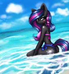 Size: 1080x1160 | Tagged: suggestive, artist:agleo, derpibooru import, oc, oc:obabscribbler, oc:scribbler, unofficial characters only, anthro, earth pony, ass, beach, bikini, blushing, butt, clothes, earth pony oc, eyeshadow, female, image, jpeg, looking at you, looking back, looking back at you, looking over shoulder, makeup, ocean, sexy, solo, solo female, swimsuit, water
