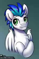 Size: 2000x3000 | Tagged: safe, artist:jedayskayvoker, derpibooru import, oc, oc:hurrcio, pegasus, pony, bust, chest fluff, cute, folded wings, gradient background, green eyes, hooves, icon, image, male, patreon, patreon reward, pegasus oc, png, portrait, smiling, solo, stallion, wing fluff, wings