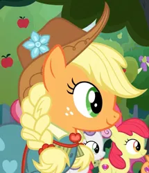 Size: 961x1117 | Tagged: safe, derpibooru import, screencap, apple bloom, applejack, scootaloo, sweetie belle, earth pony, pegasus, pony, unicorn, the big mac question, alternate hairstyle, apple, braid, clothes, cropped, dress, food, formal wear, gown, hat, image, jpeg, pear, sweet apple acres, tree