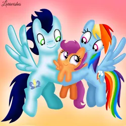 Size: 1400x1400 | Tagged: safe, artist:mlplary6, derpibooru import, rainbow dash, scootaloo, soarin', pegasus, pony, carrying, female, filly, flying, foal, image, looking at each other, looking at someone, male, mare, png, scootalove, shipping, sibling love, siblings, sisters, sky, smiling, smiling at each other, soarindash, stallion, straight, sunset