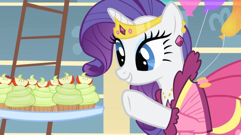 Size: 2160x1213 | Tagged: safe, derpibooru import, screencap, rarity, pony, unicorn, a bird in the hoof, alternate hairstyle, balloon, beautiful, clothes, cupcake, dress, food, gala dress, gown, image, jewelry, jpeg, solo, sugarcube corner, tiara, tray