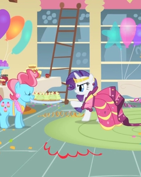 Size: 632x793 | Tagged: safe, derpibooru import, screencap, cup cake, rarity, earth pony, pony, unicorn, a bird in the hoof, alternate hairstyle, angry, annoyed, balloon, beautiful, clothes, cropped, cupcake, dress, food, gala dress, gown, image, jewelry, jpeg, party, sugarcube corner, table, tiara, tray