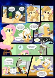 Size: 3259x4607 | Tagged: safe, artist:estories, derpibooru import, discord, fluttershy, oc, oc:alice goldenfeather, oc:fable, draconequus, pegasus, pony, comic:nevermore, apple, bread, comic, cup, egg, food, image, jam, messy mane, mouth hold, muffin, pegasus oc, png, question mark, speech bubble, teacup, toast, toaster, wings