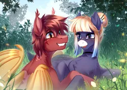 Size: 3507x2480 | Tagged: safe, artist:fenwaru, derpibooru import, oc, oc:kimono silk, oc:meteor glow, unofficial characters only, bat pony, pegasus, bat pony oc, bat wings, blaze (coat marking), blushing, choker, coat markings, cute, facial markings, fangs, female, freckles, hair bun, happy, image, looking at each other, looking at someone, male, meadow, mottled coat, outdoors, pegasus oc, png, shipping, straight, wings