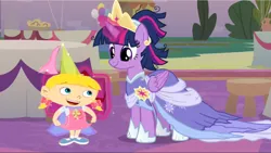 Size: 1328x751 | Tagged: safe, derpibooru import, edit, edited screencap, editor:incredibubbleirishguy, screencap, twilight sparkle, twilight sparkle (alicorn), alicorn, the last problem, annie (little einsteins), clothes, crown, dress, image, jewelry, little einsteins, png, queen twilight, queen twilight sparkle, regalia