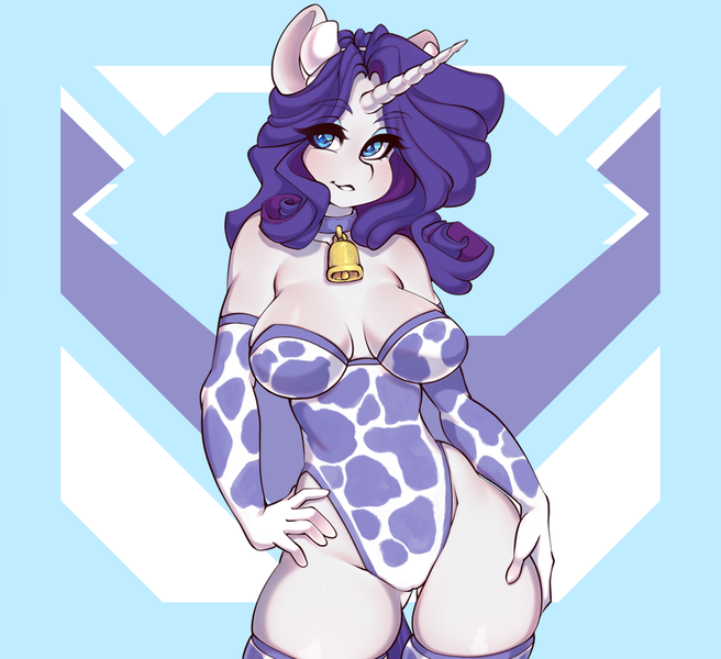 Size: 969x886 | Tagged: suggestive, artist:tolsticot, derpibooru import, rarity, anthro, cow, abstract background, breasts, clothes, cowprint, image, png, raricow, socks, species swap, thigh highs