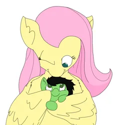 Size: 4289x4531 | Tagged: safe, artist:ponny, derpibooru import, fluttershy, oc, oc:anonfilly, earth pony, pegasus, pony, cuddling, female, filly, foal, hug, image, looking at each other, looking at someone, looking down, looking up, mare, one eye closed, png, winghug, wings, wink