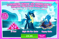 Size: 1964x1300 | Tagged: safe, derpibooru import, official, star hunter, pegasus, pony, advertisement, bush, clothes, costs real money, english, flight suit, gameloft, gem, image, jpeg, male, mobile game, my little pony: magic princess, numbers, sale, solo, solo focus, spread wings, stallion, statue, text, wings