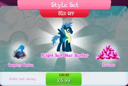 Size: 1267x857 | Tagged: safe, derpibooru import, official, star hunter, pegasus, pony, bundle, bush, clothes, costs real money, english, flight suit, gameloft, gem, image, jpeg, male, mobile game, my little pony: magic princess, numbers, sale, solo, solo focus, spread wings, stallion, statue, text, wings