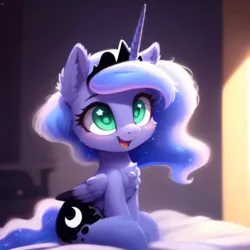 Size: 3072x3072 | Tagged: safe, derpibooru import, editor:nightluna, machine learning generated, stable diffusion, princess luna, alicorn, pony, ai content, bed, cheek fluff, chest fluff, crown, cute, ear fluff, eyebrows, eyelashes, female, filly, filly luna, generator:purplesmart.ai, high res, image, jewelry, jpeg, leg fluff, lunabetes, on bed, open mouth, prompter:nightluna, regalia, sitting on bed, smiling, solo, wings, younger