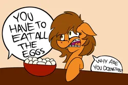 Size: 1280x851 | Tagged: safe, artist:cowsrtasty, derpibooru import, oc, oc:venus spring, pony, unicorn, bowl, braces, confused, dialogue, egg, image, meme, offscreen character, png, solo, speech bubble, venus spring having a bad time, you have to eat all the eggs