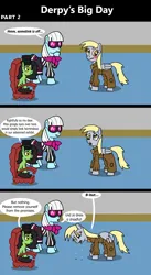Size: 1920x3516 | Tagged: safe, artist:platinumdrop, derpibooru import, derpy hooves, photo finish, oc, oc:anonfilly, earth pony, pegasus, pony, comic:derpy's big day, 3 panel comic, blushing, chair, clothes, comic, commission, crying, dialogue, dress, female, filly, food, hat, image, monocle, muffin, png, speech bubble, sunglasses, wings