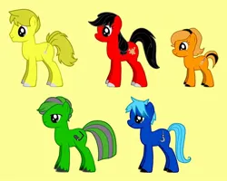 Size: 814x652 | Tagged: safe, artist:s233220, derpibooru import, ponified, earth pony, pony, pony creator, bob the builder, crossover, dizzy (bob the builder), female, g4, image, jpeg, lofty (bob the builder), male, mare, muck (bob the builder), roley, rule 85, scoop, simple background, smiling, stallion, yellow background