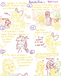 Size: 4779x6013 | Tagged: safe, artist:adorkabletwilightandfriends, derpibooru import, apple bloom, applejack, big macintosh, granny smith, comic:adorkable twilight and friends, adorkable, adorkable friends, antlers, apple family, backpack, bedroom, book, bow, butt, cabinet, clothes, comic, cute, dork, excuse, family, happy, image, jar, kitchen, looking at each other, looking at someone, love, nervous, nodding, plot, plushie, png, report card, schoolgirl, sink, slice of life, smiling, smiling at each other, support