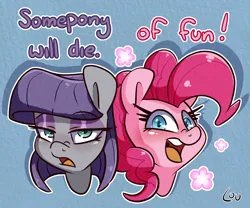 Size: 2128x1768 | Tagged: safe, artist:lou, derpibooru import, maud pie, pinkie pie, bust, duo, eyeshadow, female, image, looking at you, makeup, meme, parks and recreation, png, ponified meme, portrait, siblings, sisters, smiling, smiling at you