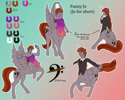 Size: 5927x4738 | Tagged: safe, artist:bryony6210, derpibooru import, oc, oc:funny jo, unofficial characters only, alicorn, centaur, taur, equestria girls, alitaur, business suit, centaur oc, clothes, dress, eyes closed, female, four arms, heterochromia, horn, image, jacket, long hair, long horn, looking at you, png, raised hoof, reference sheet, sitting, smiling, strapless, stretching, suit