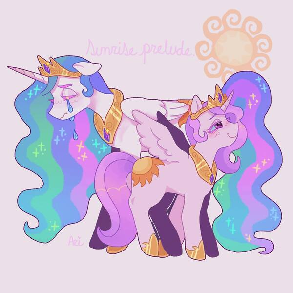 Size: 1440x1440 | Tagged: safe, artist:ariariari.png, derpibooru import, princess celestia, alicorn, pony, crown, crying, duo, image, jewelry, jpeg, regalia, simple background, white background, young celestia