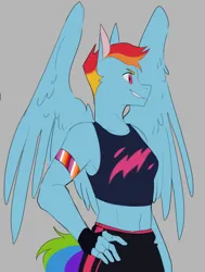 Size: 596x789 | Tagged: safe, artist:superduperath, derpibooru import, rainbow dash, anthro, pegasus, armband, clothes, fingerless gloves, gloves, grin, image, midriff, png, smiling, solo, tanktop