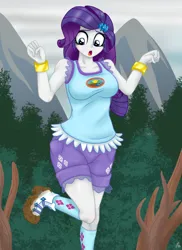Size: 1280x1761 | Tagged: safe, artist:lennondash, derpibooru import, rarity, equestria girls, boots, bracelet, breasts, busty rarity, camp everfree outfits, clothes, cutie mark, cutie mark on clothes, eyeshadow, hairpin, image, jewelry, jpeg, makeup, marshmelodrama, mud, muddy, rain, rarity being rarity, shirt, shoes, shorts, socks, solo