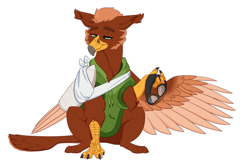 Size: 4449x3000 | Tagged: safe, artist:ganashiashaka, derpibooru import, oc, oc:pavlos, unofficial characters only, gryphon, aviator goggles, bandage, broken bone, broken wing, cast, claws, eared griffon, goggles, griffon oc, image, injured, one wing out, png, sad, simple background, sling, solo, white background, wing cast, wing sling, wings