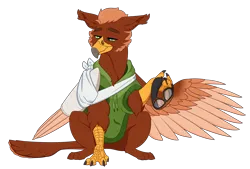 Size: 4449x3000 | Tagged: safe, artist:ganashiashaka, derpibooru import, oc, oc:pavlos, unofficial characters only, gryphon, aviator goggles, bandage, broken bone, broken wing, cast, claws, eared griffon, goggles, griffon oc, image, injured, one wing out, png, sad, simple background, sling, solo, white background, wing cast, wing sling, wings