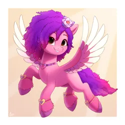 Size: 2000x2000 | Tagged: safe, artist:luminousdazzle, derpibooru import, pegasus, pony, g5, my little pony: make your mark, spoiler:bridlewoodstock, spoiler:my little pony: make your mark chapter 4, bracelet, brown eyes, curly mane, female, flower, flower in hair, flying, grin, image, jewelry, mare, my little pony: make your mark chapter 4, necklace, png, ruby jubilee, simple background, smiling, solo, spread wings, unshorn fetlocks, wings