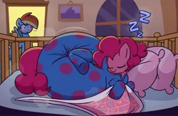 Size: 2929x1904 | Tagged: safe, artist:shslsadcat, derpibooru import, pinkie pie, rainbow dash, earth pony, pegasus, pony, ..., adult foal, bedroom, blanket, blushing, clothes, crib, diaper, diaper fetish, diaper under clothes, doorway, duo, duo female, eyes closed, female, fetish, footed sleeper, high res, image, impossibly large diaper, jpeg, mare, onomatopoeia, pajamas, pillow, pinpoint eyes, poofy diaper, sleeping, sound effects, spread wings, wingboner, wings, zzz