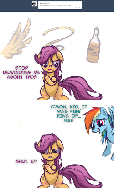 Size: 1280x2104 | Tagged: safe, artist:redheadfly, derpibooru import, rainbow dash, scootaloo, pony, bandaid, bottle, image, older, png, tumblr:ask-adultscootaloo