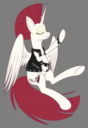 Size: 3248x4720 | Tagged: safe, alternate version, artist:modera, derpibooru import, oc, oc:fausticorn, alicorn, pony, alternate hairstyle, bracelet, clothes, eyes closed, gray background, image, leather, leather vest, ms paint, partially open wings, png, simple background, solo, spiked wristband, vest, wings, wristband