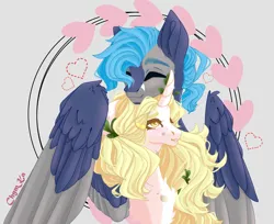 Size: 3672x3000 | Tagged: safe, artist:hell-fire13, derpibooru import, oc, unofficial characters only, pegasus, pony, unicorn, abstract background, colored wings, duo, female, heart, horn, hug, image, male, mare, oc x oc, pegasus oc, png, shipping, signature, stallion, straight, two toned wings, unicorn oc, wings