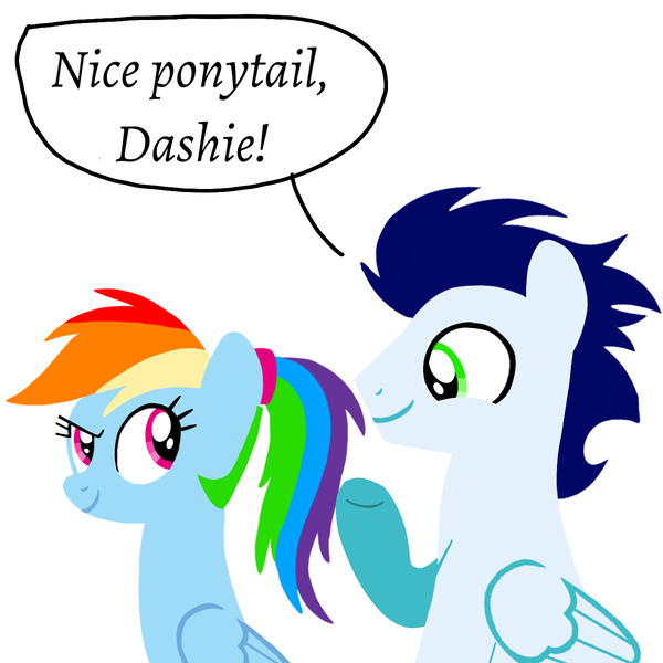 Size: 1400x1400 | Tagged: safe, artist:mlplary6, derpibooru import, rainbow dash, soarin', pegasus, pony, female, image, looking at each other, looking at someone, male, mare, png, ponytail, shipping, simple background, smiling, soarindash, stallion, straight, text, white background