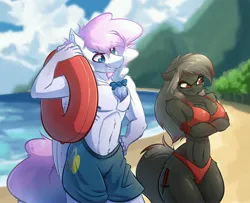 Size: 3764x3056 | Tagged: safe, artist:witchtaunter, derpibooru import, oc, unofficial characters only, anthro, earth pony, pegasus, anthro oc, beach, bikini, bow, breasts, clothes, commission, crossed arms, duo, duo male and female, facial hair, female, goatee, grumpy, hair bow, image, inflatable, inner tube, jpeg, male, mountain, pool toy, swimming trunks, swimsuit, wasp waist