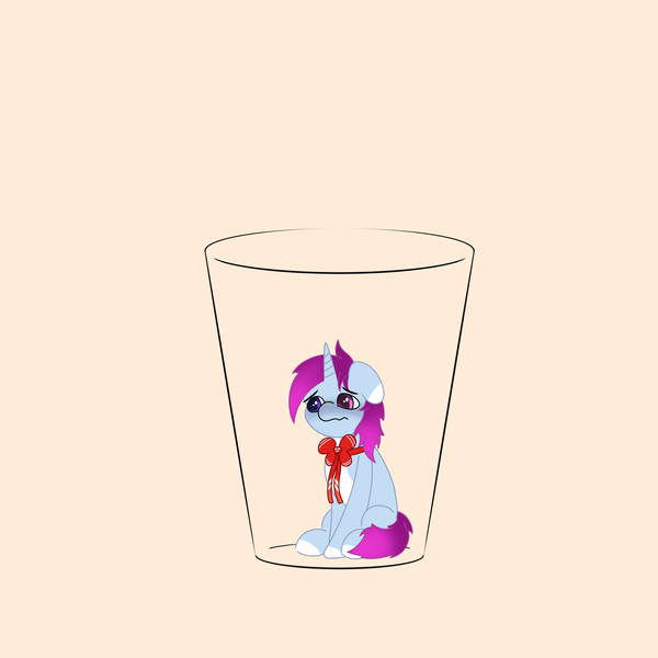 Size: 2048x2048 | Tagged: safe, artist:zugatti69, derpibooru import, oc, unofficial characters only, unicorn, blue eyes, bowtie, cup, cute, eyebrows, eyebrows visible through hair, glass, heterochromia, image, orange background, pink eyes, png, purple hair, sad, sadorable, simple background, sitting, smol