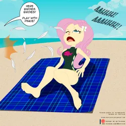 Size: 4167x4167 | Tagged: safe, artist:niban-destikim, derpibooru import, fluttershy, pinkie pie, human, equestria girls, beach, clothes, feather, feet, image, jpeg, no source available, ocean, offscreen character, one-piece swimsuit, patreon, patreon logo, patreon reward, pre sneeze, ripping clothes, sneezing, soles, swimsuit, toes