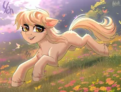 Size: 3800x2900 | Tagged: safe, artist:hakaina, derpibooru import, butterfly, earth pony, insect, pony, backlighting, bounding, butt fluff, cheek fluff, chest fluff, colored, commission, concave belly, cute, eyelashes, female, female symbol, field, floppy ears, flower, galloping, golden eyes, grass, high res, hoof fluff, hooves, image, in air, leg fluff, lighting, looking at you, male symbol, mare, meadow, open mouth, open smile, png, running, scenery, shading, signature, slim, smiling, smiling at you, solo, teeth, thin, three quarter view, unshorn fetlocks, ych sketch, yellow eyes, your character here