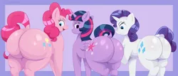 Size: 3500x1500 | Tagged: suggestive, artist:maldoando, derpibooru import, pinkie pie, rarity, twilight sparkle, alicorn, earth pony, pony, unicorn, balloonbutt, butt, female, females only, image, large butt, mare, png, rear view, rearity, the ass was fat, thighs, thunder thighs, twibutt, twilight has a big ass
