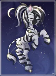 Size: 2400x3240 | Tagged: safe, artist:hakaina, derpibooru import, oc, unofficial characters only, pony, zebra, colored, commission, concave belly, constellation, ear fluff, eyes closed, facial markings, female, floating, frame, high res, hooves, image, jewelry, leg fluff, leonine tail, mare, moon, necklace, night, night sky, png, scrunchie, shading, signature, sky, slim, solo, starry sky, stars, striped mane, tail, thin, unshorn fetlocks, ych result, zebra oc