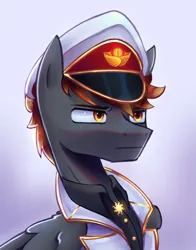 Size: 2226x2840 | Tagged: safe, artist:opal_radiance, derpibooru import, oc, unofficial characters only, pegasus, pony, equestria at war mod, bust, captain hat, celestianism, clothed ponies, clothes, commission, eaw, gradient background, image, mod, pegasus oc, png, solar, solarist, solo, sternocleidomastoid, uniform, white suit, wings