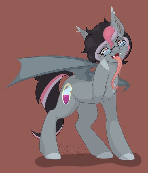 Size: 1756x2048 | Tagged: safe, artist:ghostorchid, derpibooru import, oc, oc:soffybat, bat pony, pony, drool, fangs, forked tongue, glasses, image, jpeg, long tongue, signature, solo, tongue out