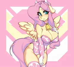 Size: 969x886 | Tagged: suggestive, artist:tolsticot, derpibooru import, fluttershy, anthro, pegasus, bell, big breasts, breasts, busty fluttershy, clothes, collar, cowbell, cowprint, female, gloves, image, jpeg, leotard, long gloves, solo, solo female