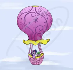 Size: 1955x1886 | Tagged: safe, artist:taurson, derpibooru import, spike, twilight sparkle, dragon, pony, unicorn, duo, female, hot air balloon, image, jpeg, male, mare, obtrusive watermark, twinkling balloon, unicorn twilight, watermark