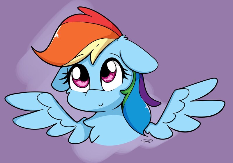 Size: 1773x1243 | Tagged: safe, artist:taurson, derpibooru import, rainbow dash, pegasus, pony, bust, chest fluff, cute, dashabetes, female, floppy ears, image, jpeg, mare, purple background, simple background, smiling, solo, spread wings, wings