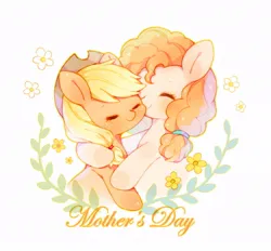 Size: 950x880 | Tagged: safe, artist:yinyan_0409, derpibooru import, applejack, pear butter, earth pony, pony, applejack's hat, cowboy hat, cute, duo, eyes closed, female, flower, hat, hug, image, jackabetes, jpeg, mare, mother and child, mother and daughter, mother's day, pearabetes, simple background, smiling, white background