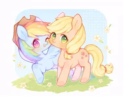 Size: 850x674 | Tagged: safe, artist:yinyan_0409, derpibooru import, applejack, rainbow dash, earth pony, pegasus, pony, accessory swap, appledash, applejack's hat, cowboy hat, cute, dashabetes, duo, female, flower, grass, hat, image, jackabetes, jpeg, lesbian, looking at you, mare, one eye closed, open mouth, open smile, shipping, simple background, smiling, smiling at you, spread wings, white background, wings, wink, winking at you