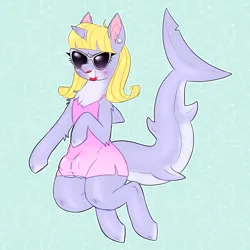 Size: 3000x3000 | Tagged: suggestive, artist:mclovin, derpibooru import, oc, ponified, hybrid, original species, pony, shark, shark pony, unicorn, clothes, crotchboobs, dress, ear piercing, earring, female, fish tail, image, jewelry, lipstick, mare, nudity, piercing, png, shark tail, side slit, sunglasses, tail, teats