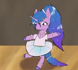 Size: 1900x1700 | Tagged: safe, artist:the crystal artist, derpibooru import, part of a set, izzy moonbow, pony, unicorn, g5, + series:the grand equestria talent show, alternate hairstyle, balancing on one hoof, ballet, bracelet, clothes, context in description, cute, dancing, derpibooru exclusive, dialogue in the description, female, hairclip, image, izzybetes, jewelry, looking at you, mare, necklace, part of a series, png, ponytail, smiling, solo, sparkles, sparkly mane, stage, talent show, tutu